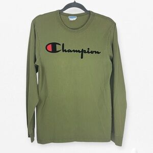 Men’s Champion Olive Green Crewneck Long Sleeved Tee Shirt S